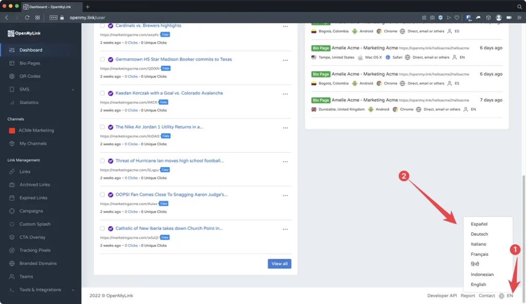 OpenMyLink multiple languages dashboard 2 OpenMyLink language switcher