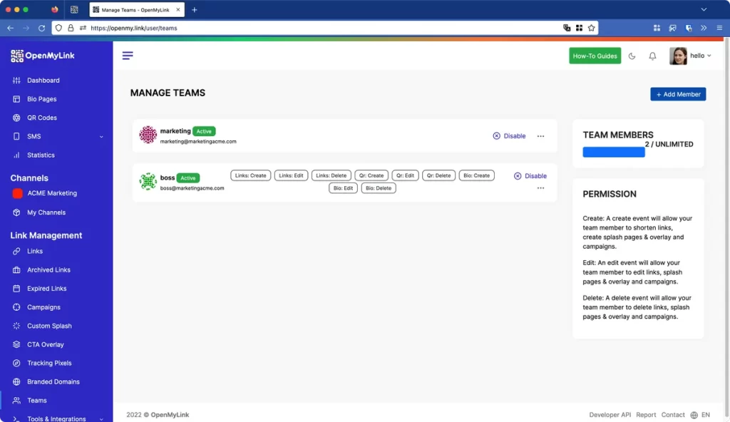 Teams management 2 Screenshot of the team feature interface, showing the option to invite new members