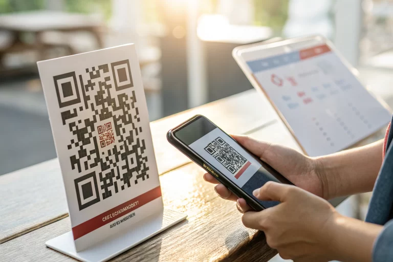A hand holding a smartphone scanning a dynamic QR code with branding colors and a subtle logo. The foreground is sharp, focusing on the interaction, while the background is softly blurred.