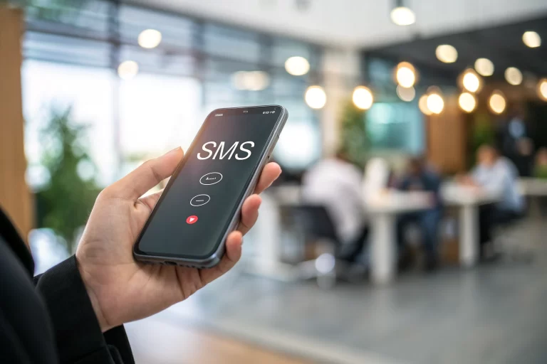 A user holding a sleek smartphone displaying an incoming SMS notification, with a modern, softly lit business environment blurred in the background.