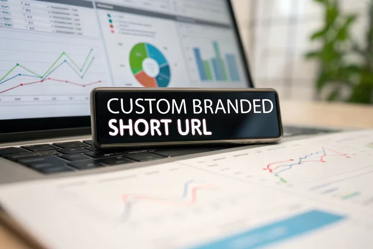 A digital marketing dashboard displaying a sleek and memorable custom branded short URL, highlighted with vivid lighting amidst performance graphs and analytics, focusing on the importance of link management.