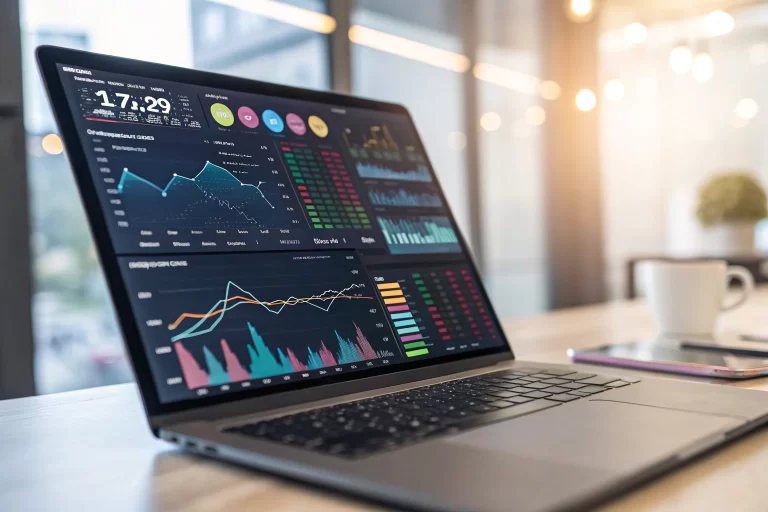Digital marketing tool interface with colorful graphs and analytics in a modern workspace, emphasizing clarity and innovation.
