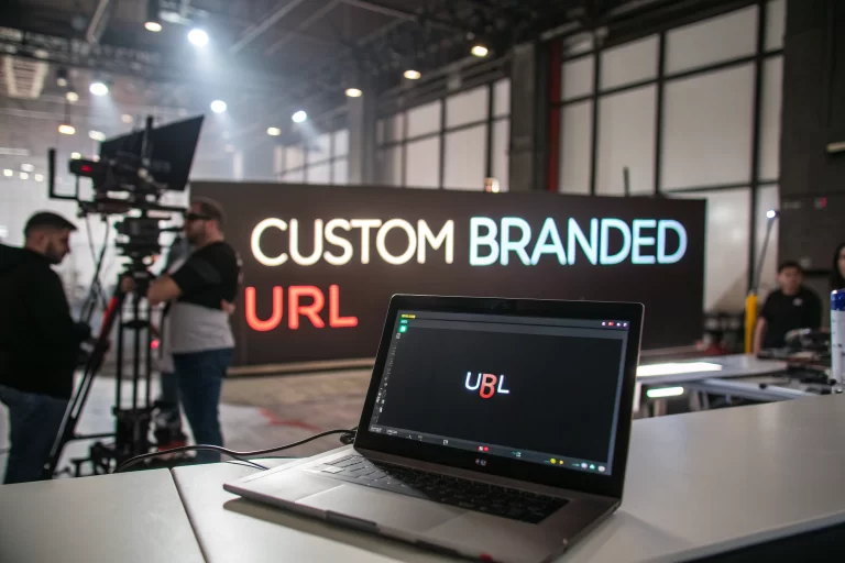 Cinematic image of a digital marketing dashboard showing a prominent custom branded URL in a modern tech workspace, emphasizing clarity and strategic planning.