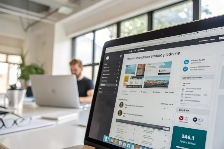 Computer screen in a modern office displaying a branded link management software interface with clarity and sharp graphics, illuminated by natural light.
