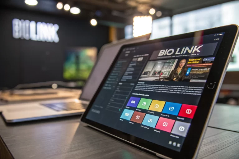 Vibrant bio link page displayed on a sleek digital device in a modern workspace, highlighting interactive elements with colorful call-to-action buttons and organized links against atmospheric backlighting.