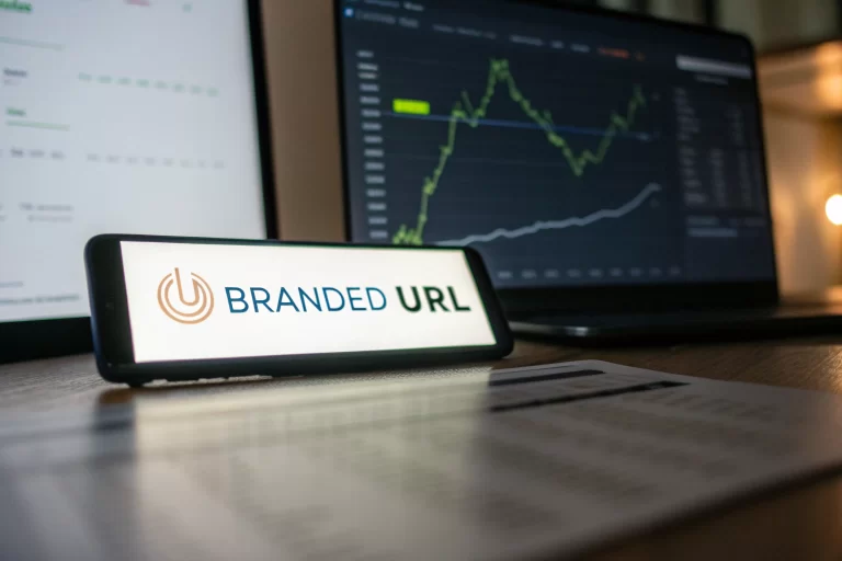 A glowing digital marketing dashboard featuring a prominently displayed short URL with professional typography. The background includes blurred graphs and data, emphasizing the URL's importance.